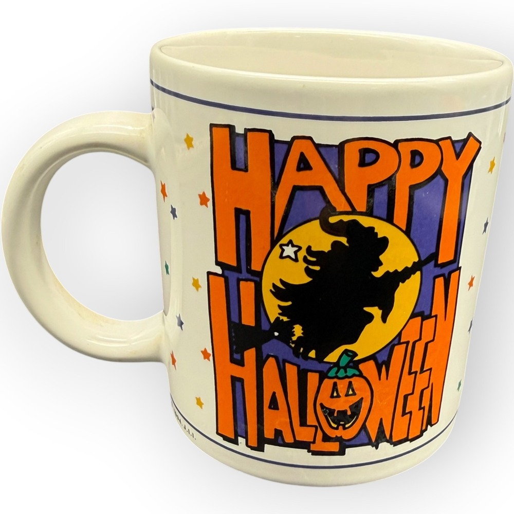 Vtg J.I.I. Happy Halloween Coffee Mug Witch Moon Pumpkin Stars Ceramic Cup 1994